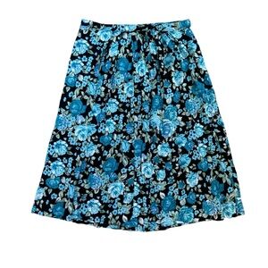 Vintage Handmade Black and Blue‎ Floral Rayon Midi Skirt XS